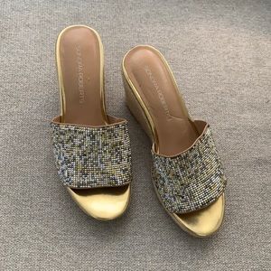 Sondra Roberts Wedge slides braided him gold and silver rhinestones